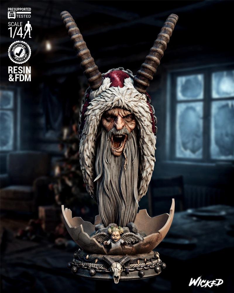 Krampus portrait bust with large horns, emerging from a cracked egg on a detailed base with a cherub and skulls. Stud...