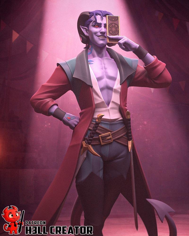 Mollymauk, a purple-skinned tiefling with horns, wears a red coat and open vest, holding a tarot card to his face wit...
