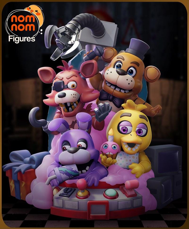 Chibi Freddy, Bonnie, Chica, and Foxy from Five Nights at Freddy's gathered around a control panel, with a robotic cl...