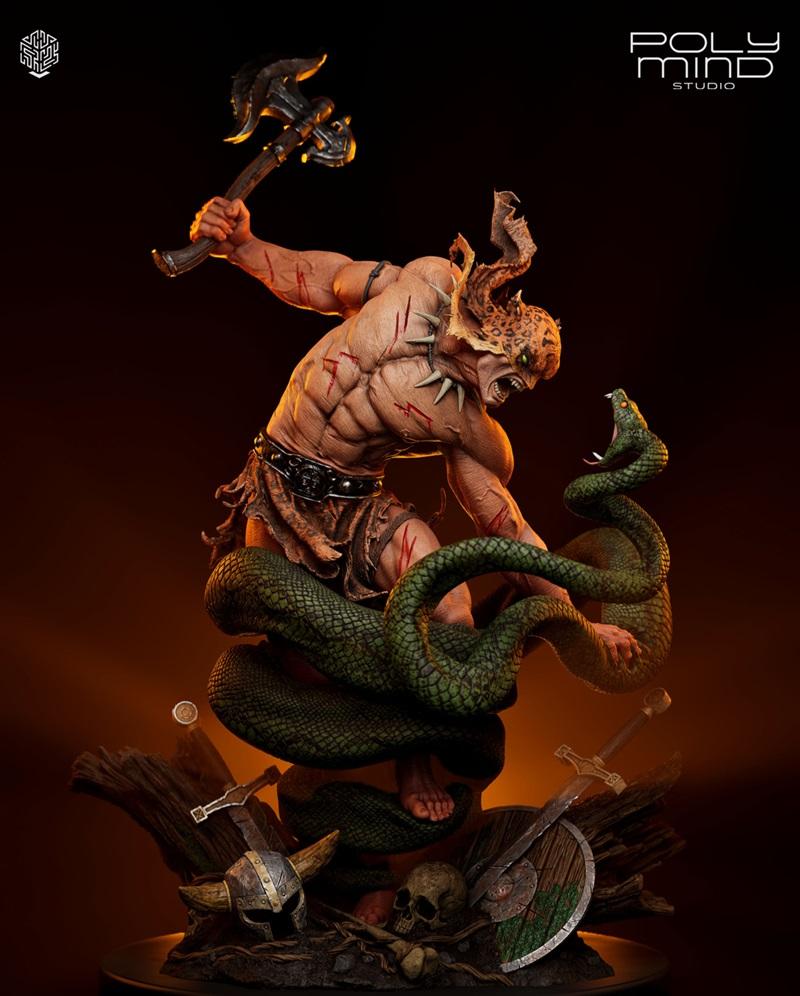 Muscular Jaguar God figure with horns and axe fighting a coiled snake, on a base with helmet and skull. PolyMind Stud...
