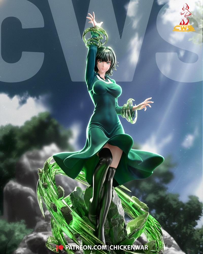 Fubuki from One Punch Man striking a dynamic pose, surrounded by swirling green psychic energy, wearing a green dress...