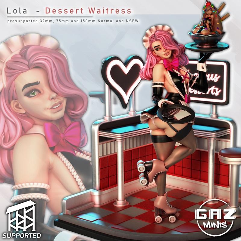 Stylized 3D model of Lola, a dessert waitress with pink hair, wearing a revealing maid outfit and roller skates, hold...