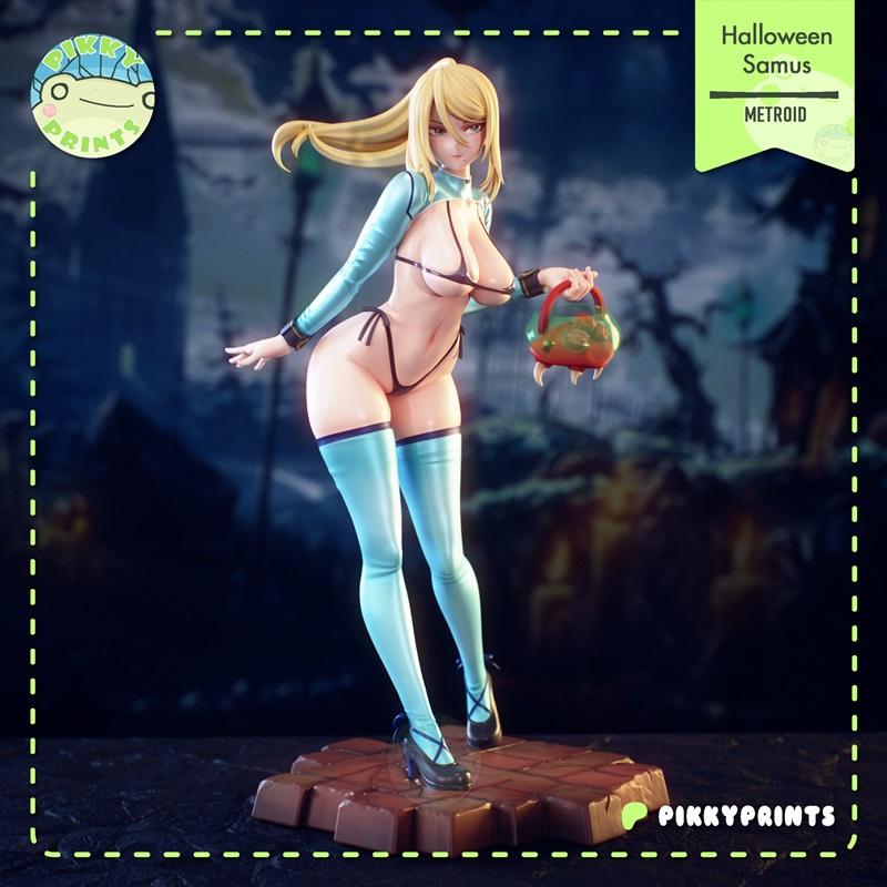 Samus Aran in a revealing Halloween costume, holding a candy bucket, 3D model by Pikky Prints.