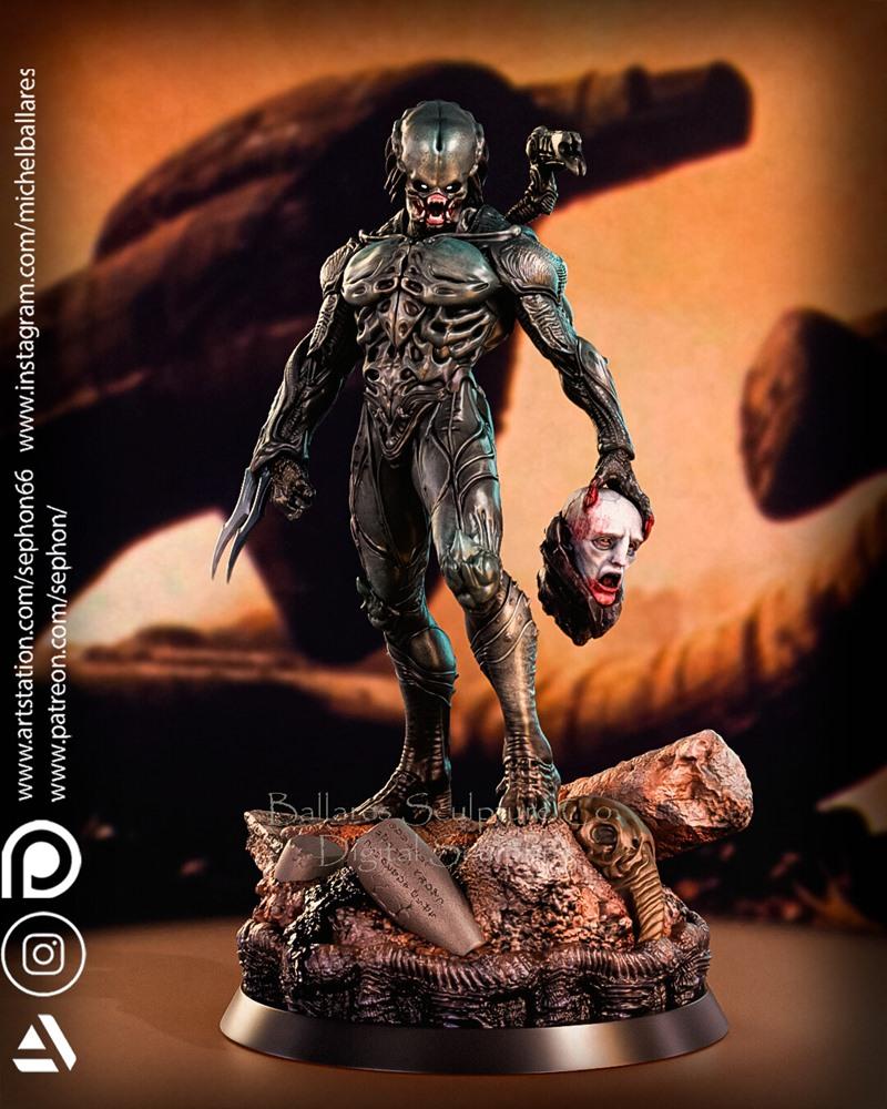 Predator-inspired Ancestral Engineer Hunter figure holding a severed human head, standing on a rocky base with alien...