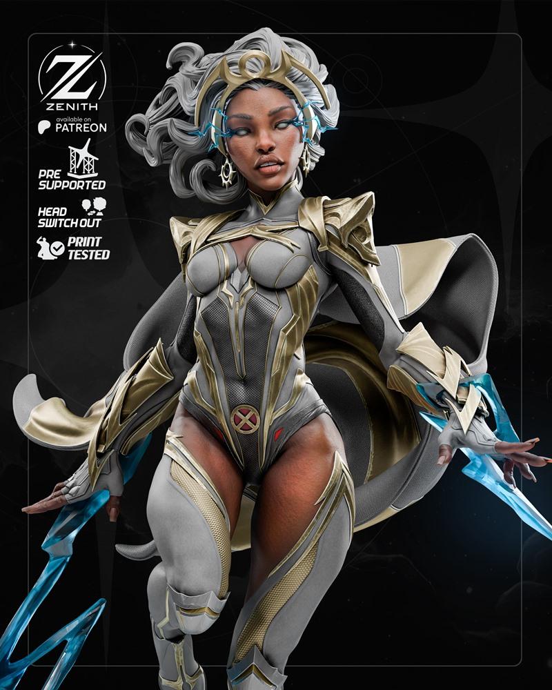 Zenith Studios 3D model of Storm in a grey and gold armored bodysuit, with a white cape, generating blue lightning fr...