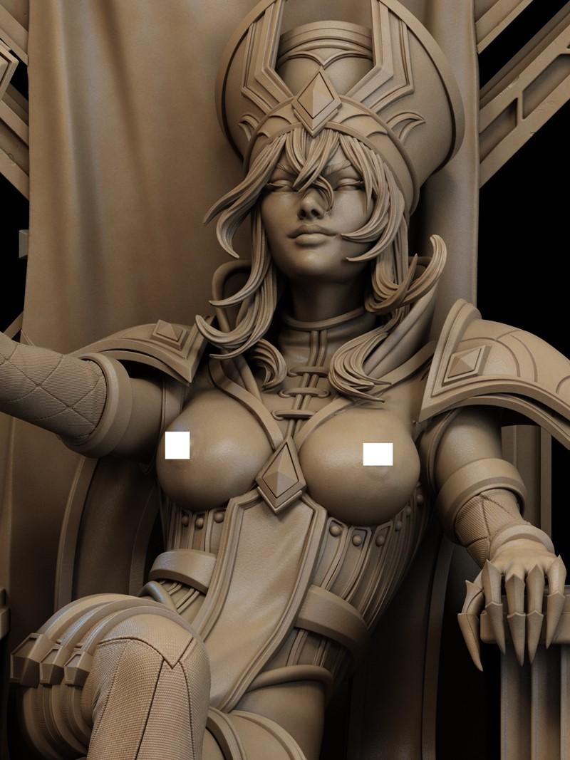 Sally Whitemane 3D model, seated on a throne, wearing ornate armor with exposed chest, detailed hair and headdress, f...