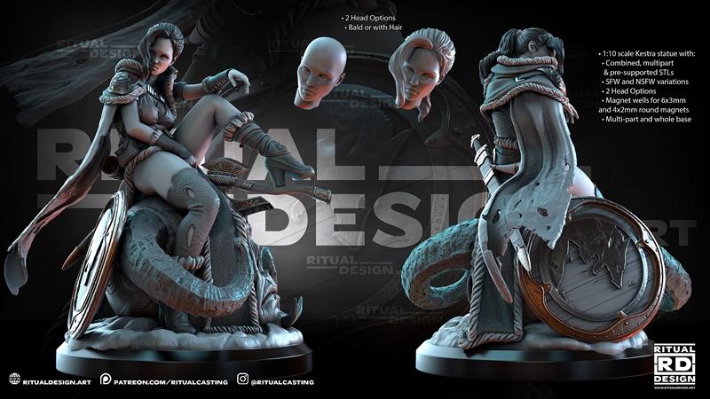 Fantasy female figure 'unnhild 2' by Ritual Design, seated on a beast mount, wearing armor and fur accents, with two...