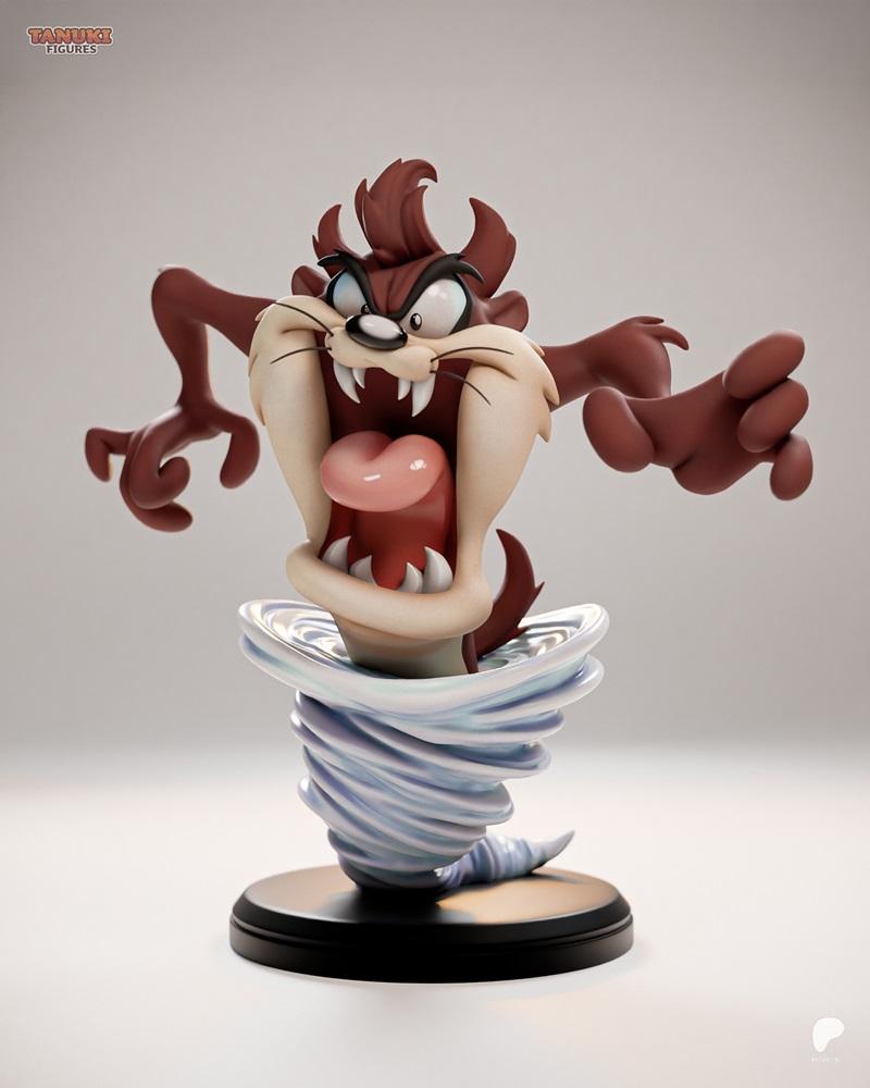 Tazmanian Devil figure emerging from a swirling blue and white tornado, roaring with mouth open, sharp teeth visible,...