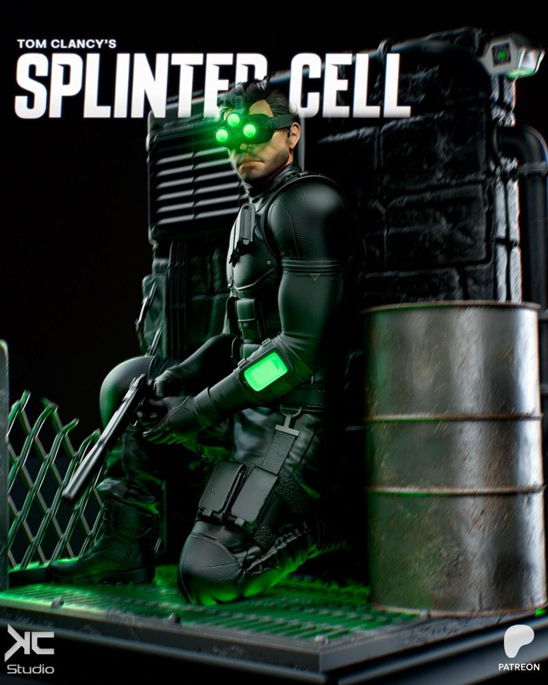 Sam Fisher from Tom Clancy's Splinter Cell kneeling with pistol, wearing tactical gear and glowing green night vision...