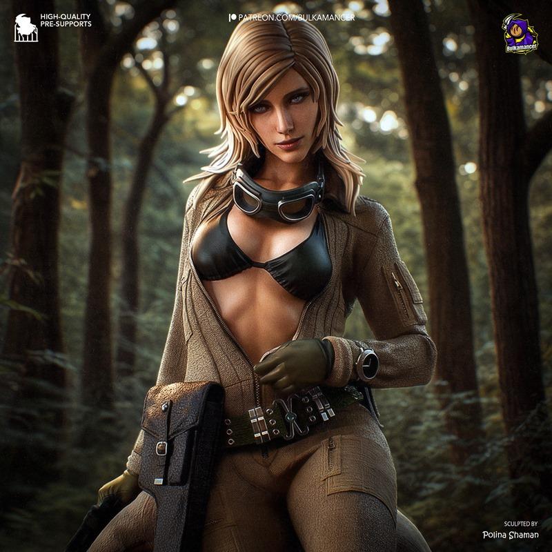 Eva from Metal Gear Solid, 3D model by Bulkamancer Sculpts, wearing a black bikini top, tactical pants, and goggles....