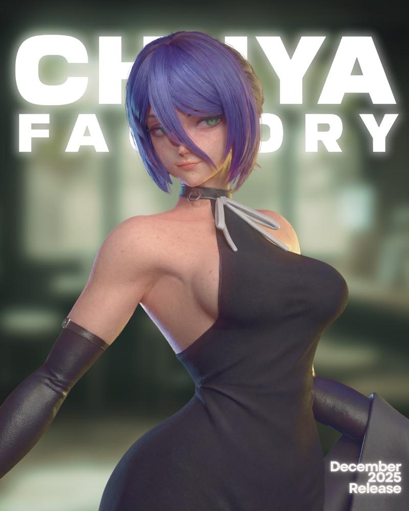 Chuya Factory 3D model of Reze from Chainsaw Man, purple hair, green eyes, wearing a black halter dress and long glov...
