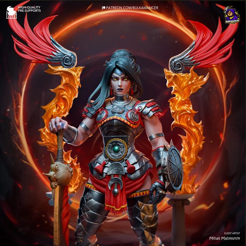 Nemesis from Hades II, a female warrior in detailed silver and red armor with large red wings, holding a sword and sh...