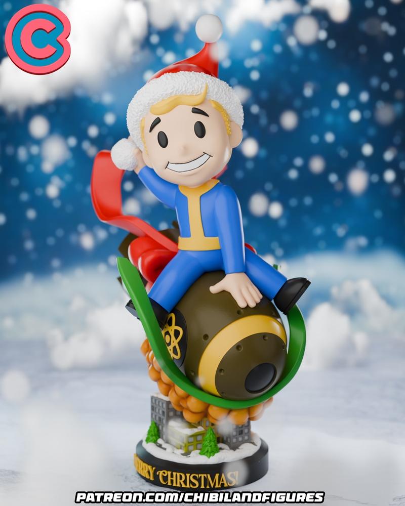 Chibi Vault Boy figure wearing a Santa hat, riding a bomb with a red ribbon, on a snowy base with a cityscape.