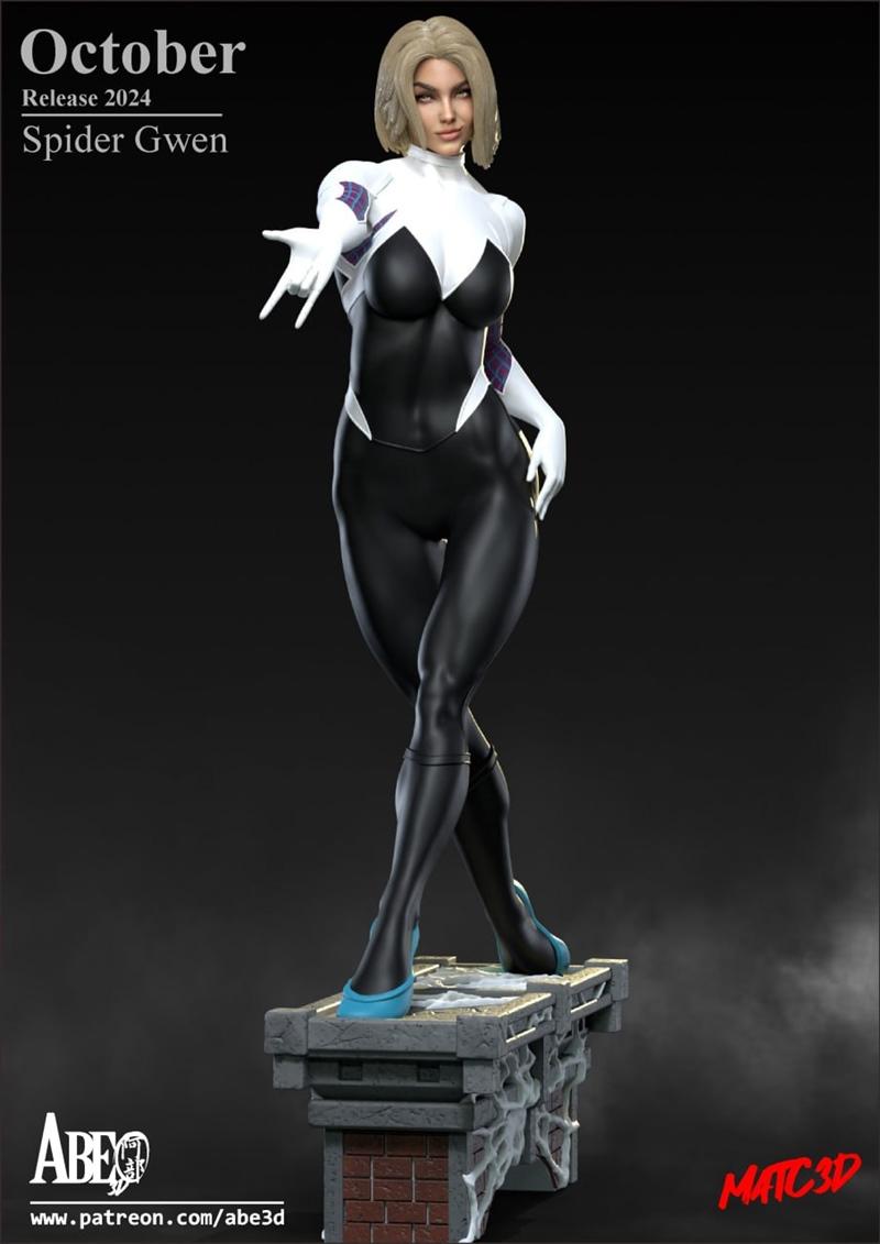 3D model of Spider-Gwen in her black and white suit, striking a heroic pose on a brick and stone diorama base. Blonde...