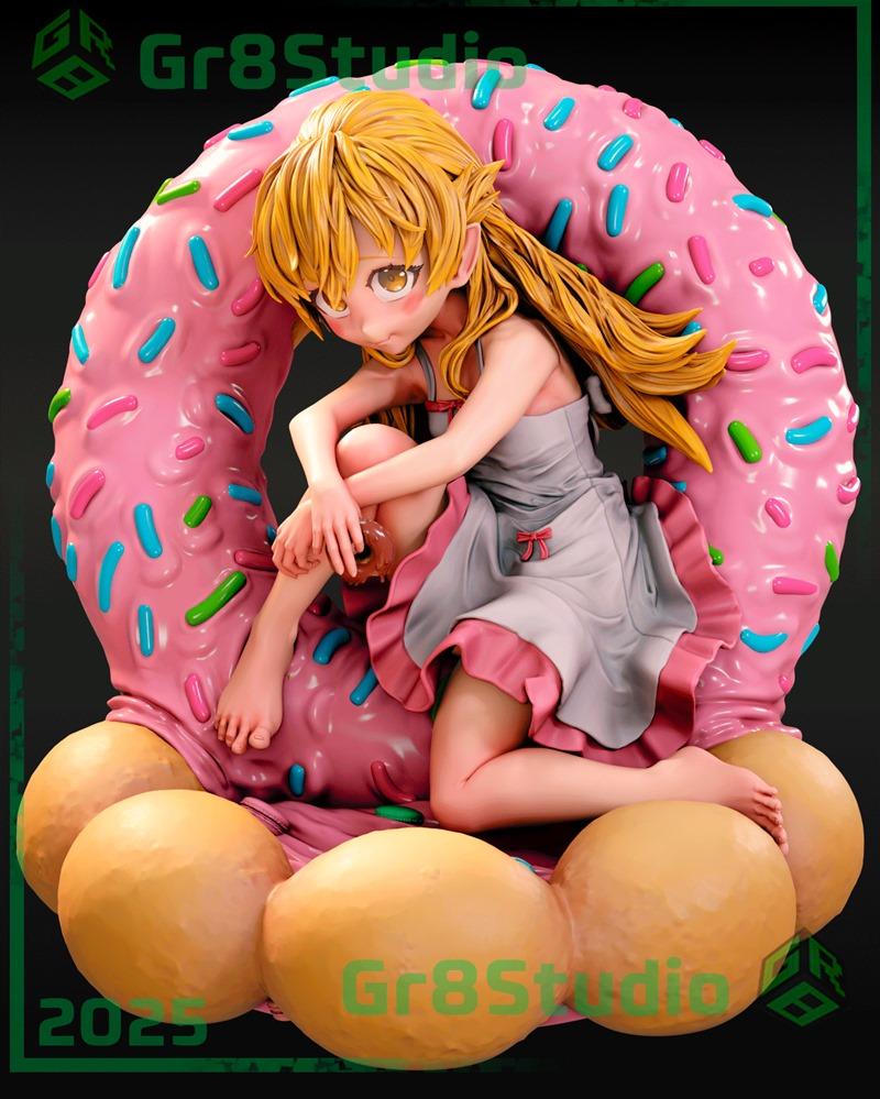 Shinobu Oshino figure sitting inside a large pink donut with colorful sprinkles. She wears a grey dress with pink tri...