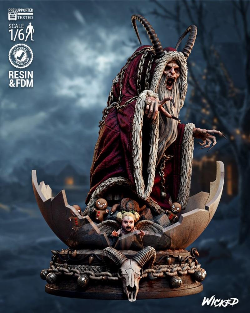 Krampus figure with horns, chains, and fur-trimmed robe, standing on a base with a ram skull, gingerbread figures, an...