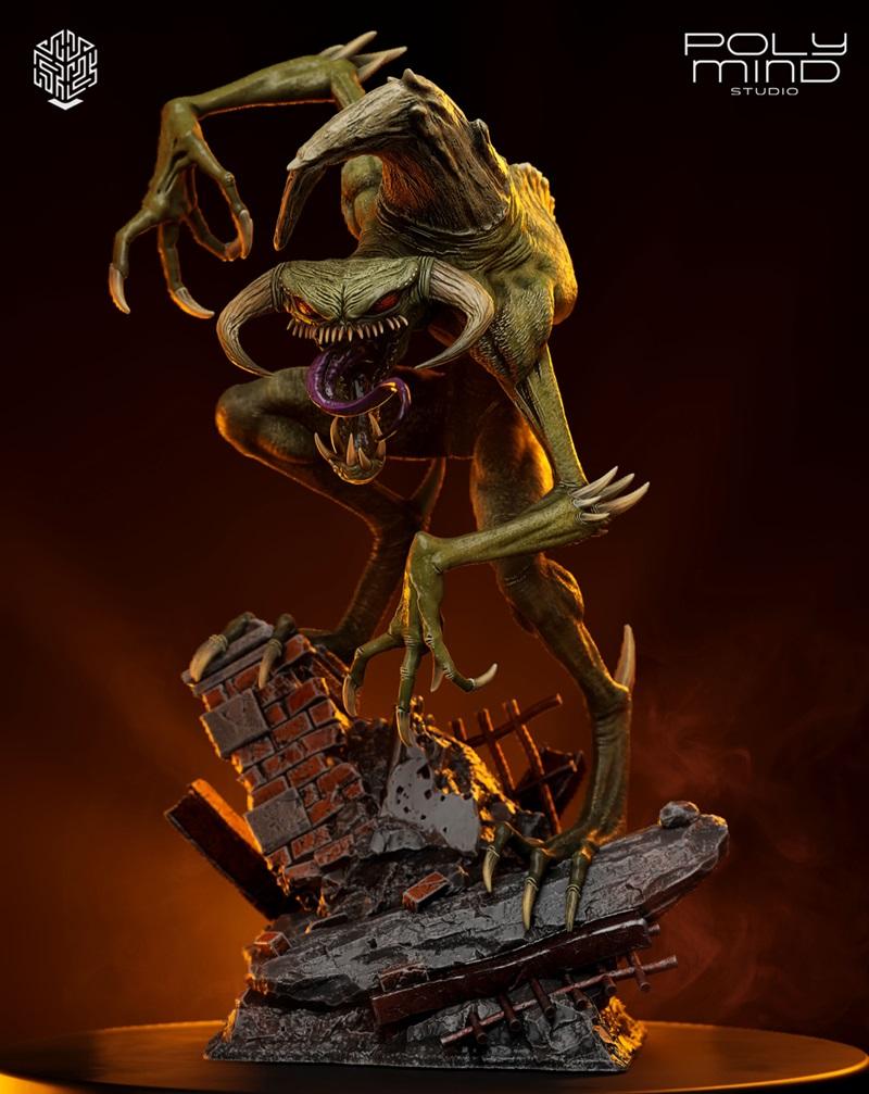 PolyMind Studio 3D model of the Violator demon from Spawn, crouching on rubble with horns, sharp teeth, and a long to...