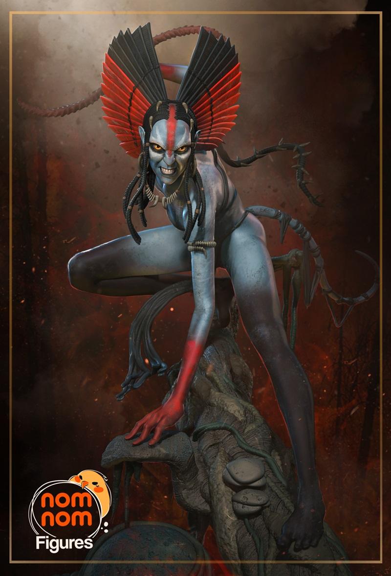 A fierce female figure with blue skin, red facial markings, and elaborate headdress crouches on a rocky base. Her rig...