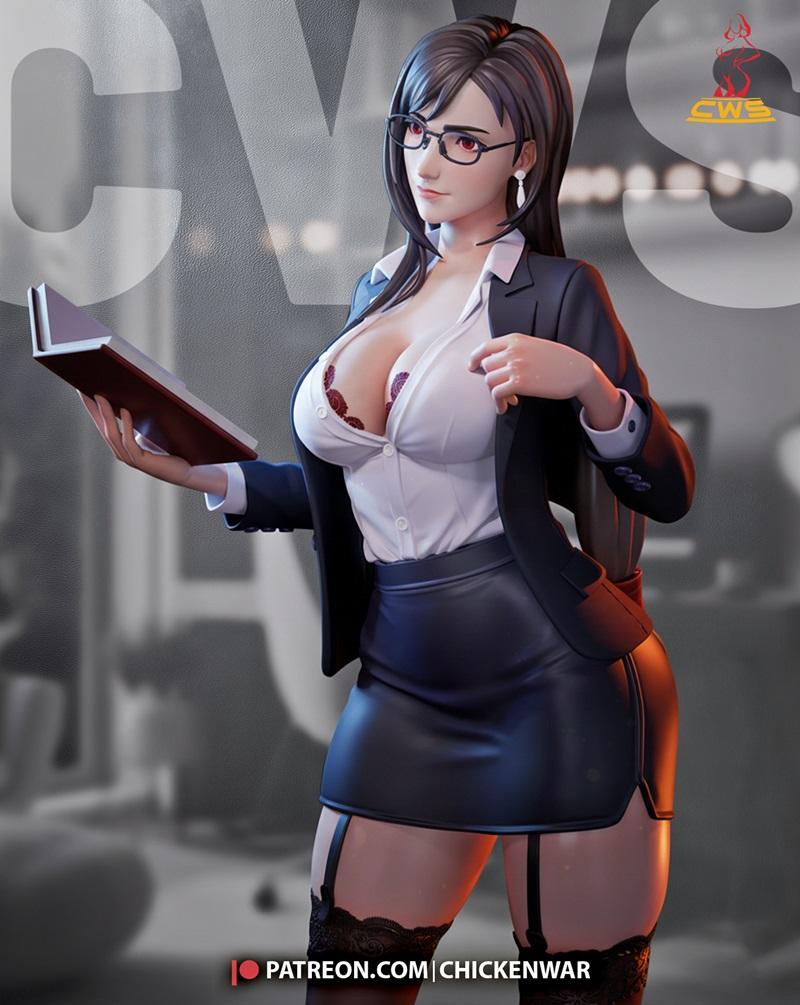 3D model of Tifa Lockhart from Final Fantasy, wearing glasses, a blazer, unbuttoned shirt, short skirt, and stockings...