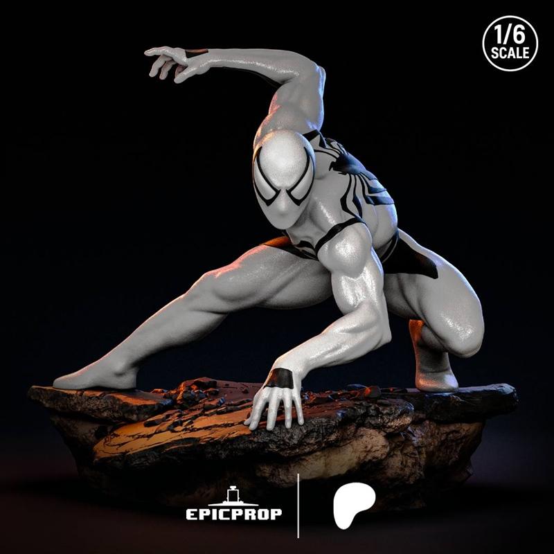 1:6 scale 3D print model of Anti-Venom in a dynamic crouching pose on a rocky base, white suit with black accents.
