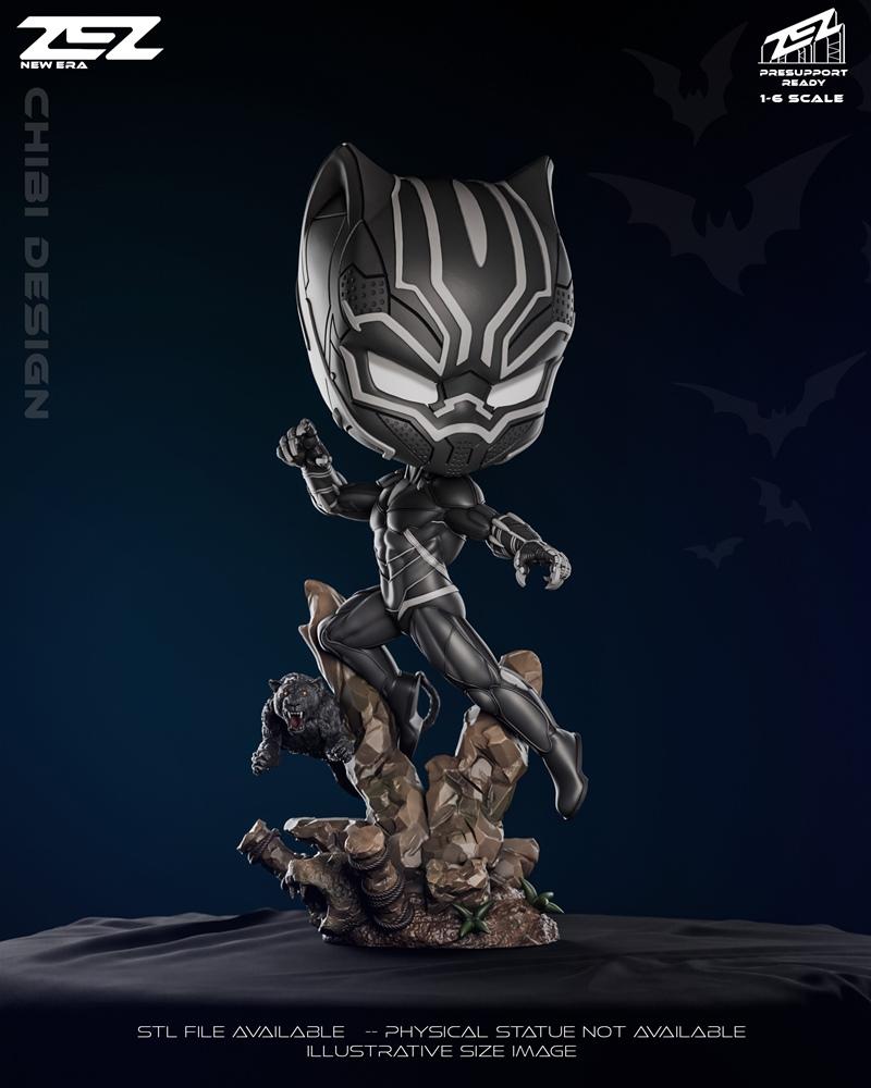 Chibi Black Panther figure in a dynamic leaping pose on a rocky base with a smaller panther, ZEZ Studio 1:6 scale 3D...