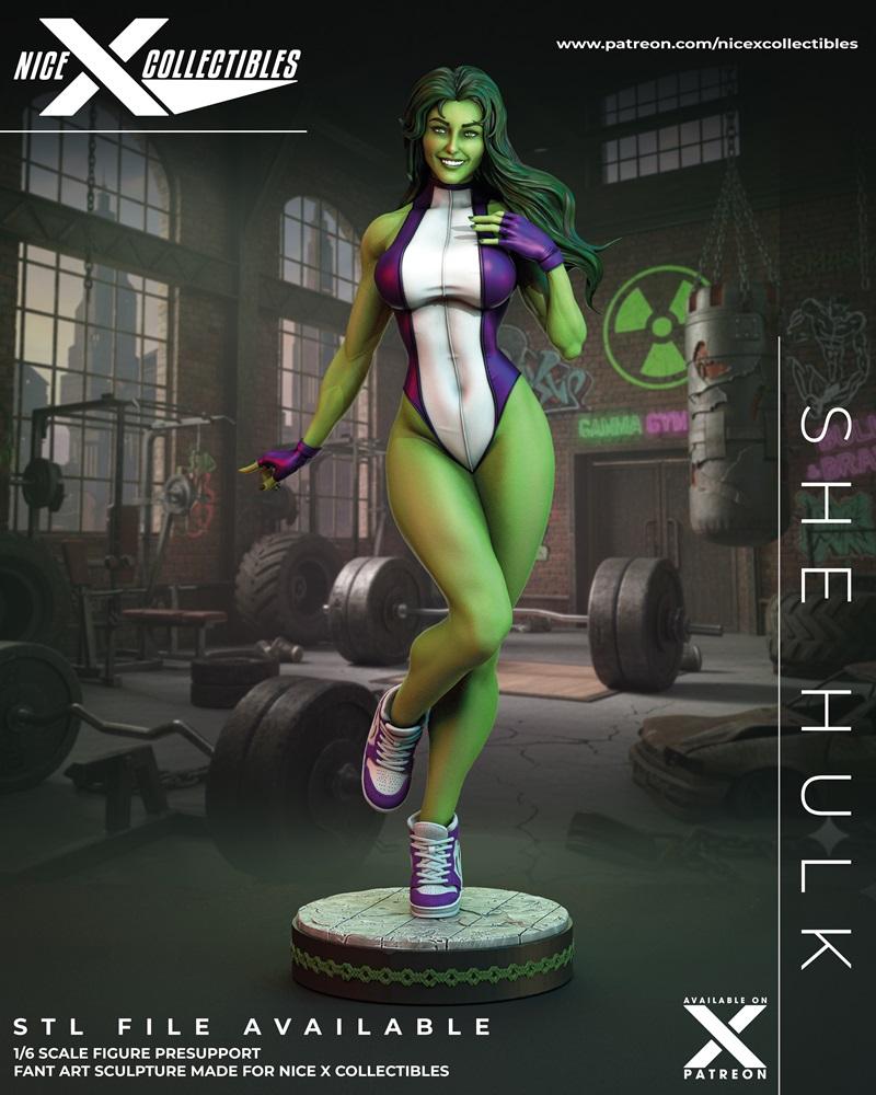 She-Hulk 3D model figure in a white and purple leotard, standing in a gym with weights and punching bags. Green skin,...