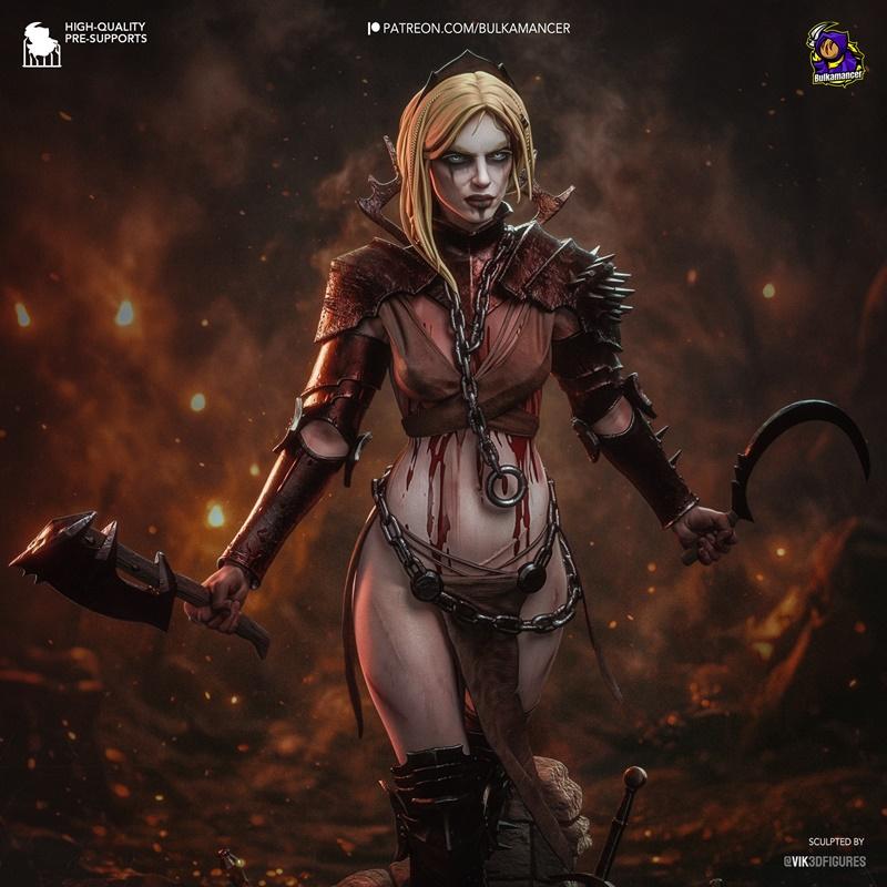 Female warrior 'Clang' by Bulkamancer Sculpts, wearing spiked leather armor and chains, holding a sickle and an axe,...