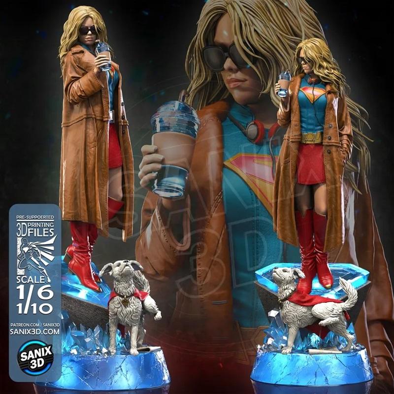 3D model of Supergirl in a trench coat and skirt holding an iced coffee, with Krypto the Superdog beside her on a cry...