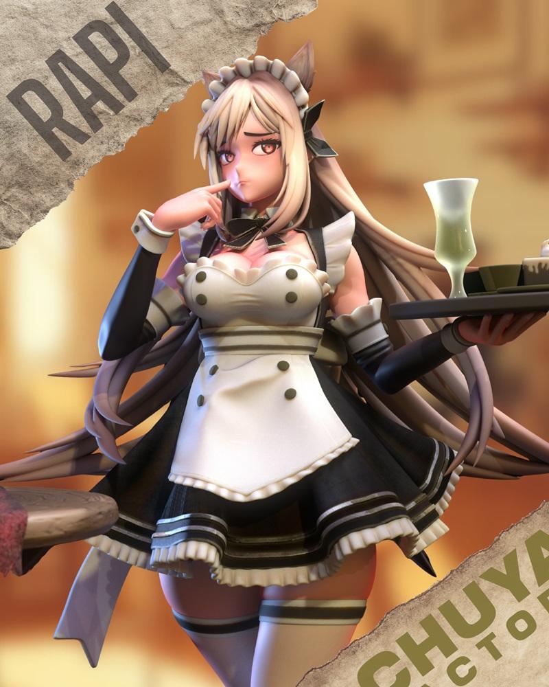 3D model of Rapi in a maid outfit with cat ears, holding a tray with a drink. Blonde hair, red eyes, suggestive pose.
