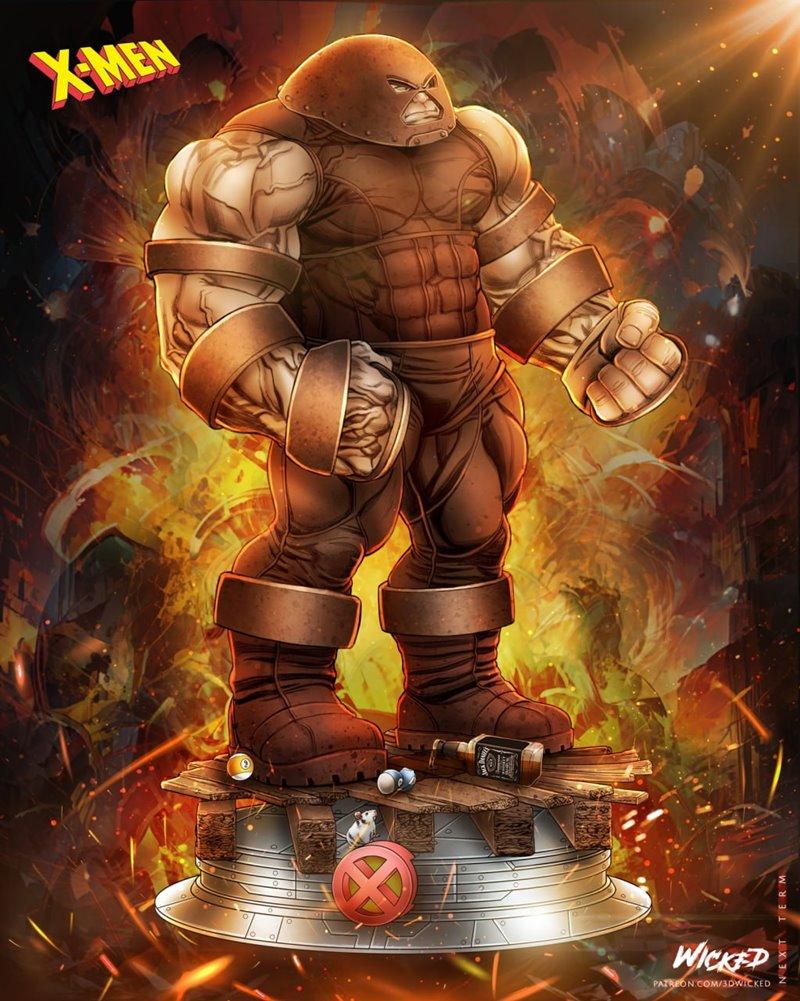Juggernaut comic version sculpture by Wicked, standing on a detailed base with whiskey bottle and billiard balls, X-M...
