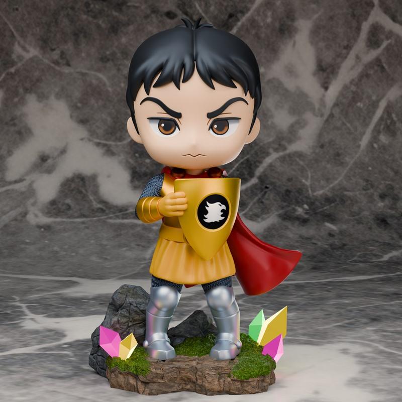 Chibi figure of Eric, a young knight with a golden shield, red cape, and armor, standing on a crystal-adorned rocky b...