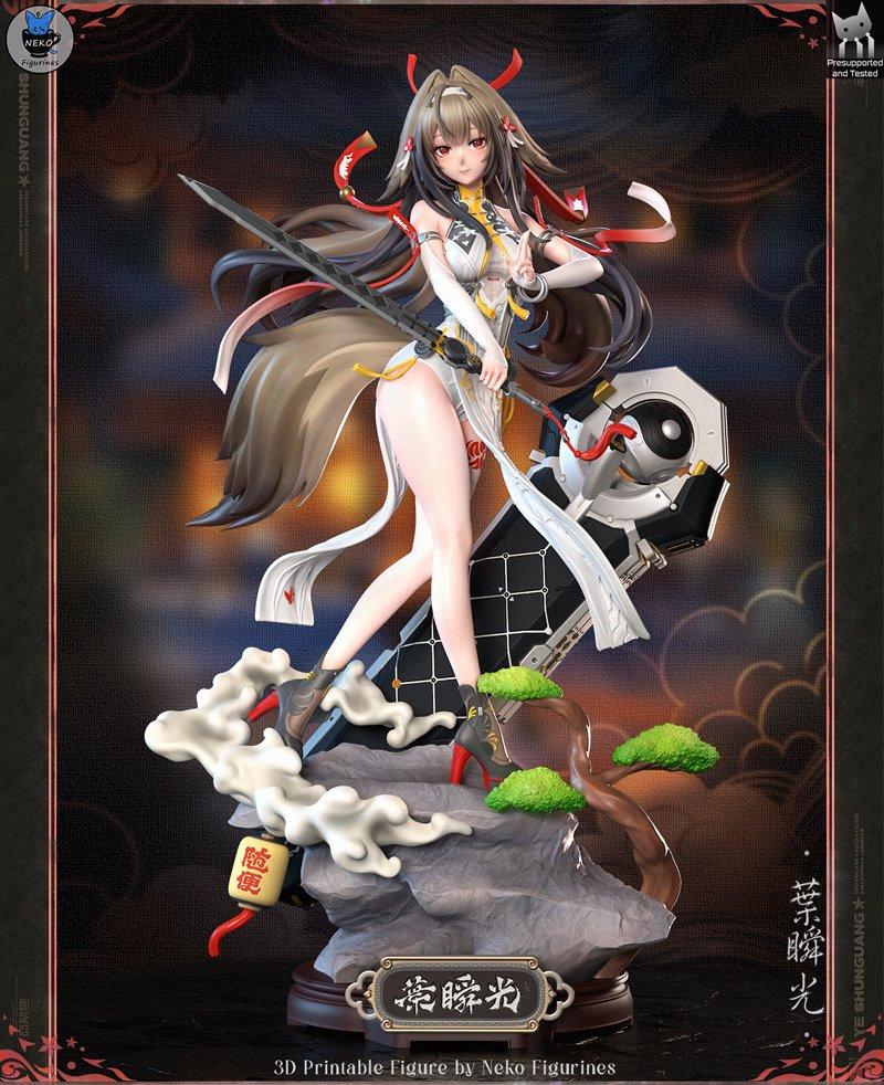 Ye Shunguang 3D printable figure from Zenless Zone Zero by Neko Figurines, holding a sword in a dynamic pose on a roc...