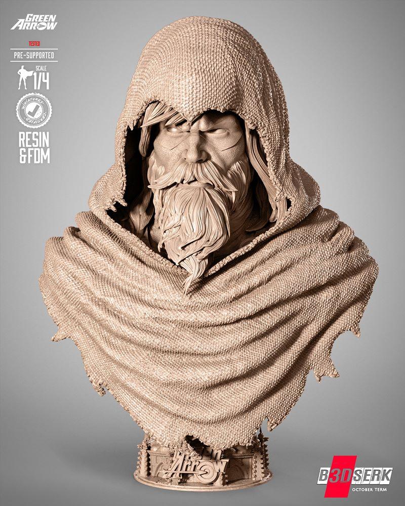 B3dserk 1/4 scale bust of Green Arrow as a vampire hunter, wearing a textured hood and cloak, with a detailed beard a...