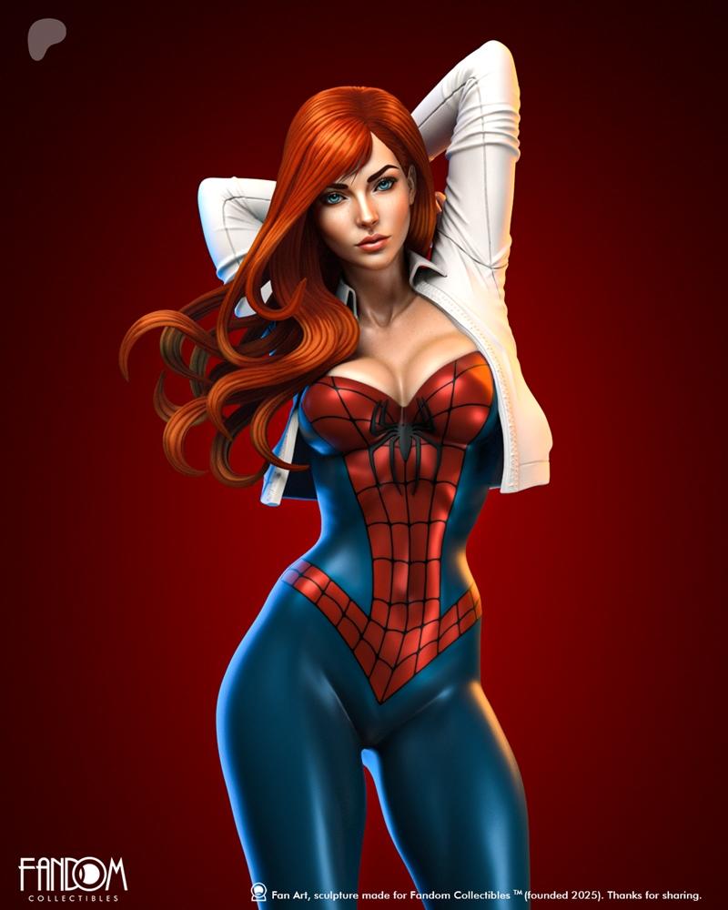 3D model bust of Mary Jane in a Spider-Man inspired suit, white shirt open, red hair flowing, striking pose.