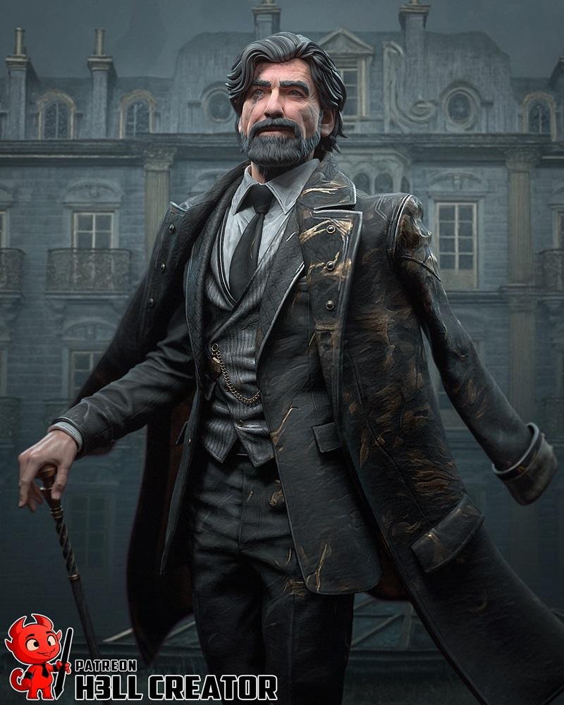 3D model of Renoir, a distinguished gentleman in a Victorian suit holding a cane, with a gothic building in the backg...