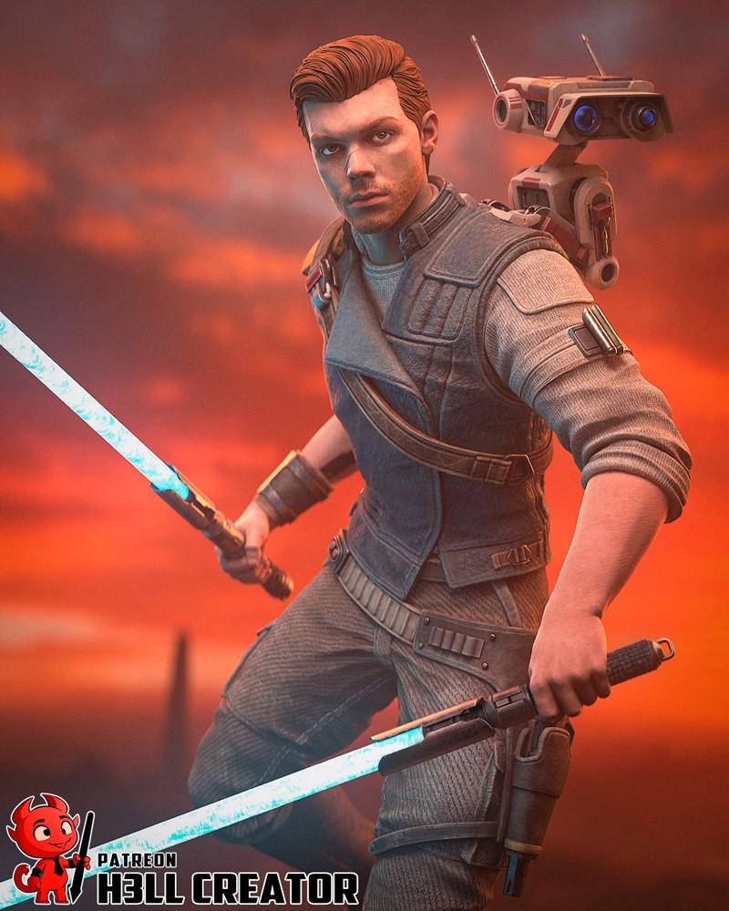 Cal Kestis from Star Wars holding two glowing blue lightsabers, with droid BD-1 on his back. He wears a grey shirt, b...