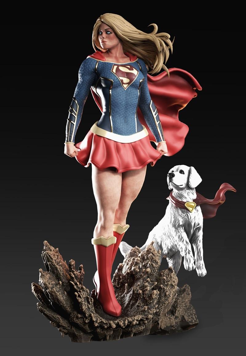 Supergirl figure with Krypto the Superdog on a rocky base. Supergirl wears a blue and red costume with a flowing red...