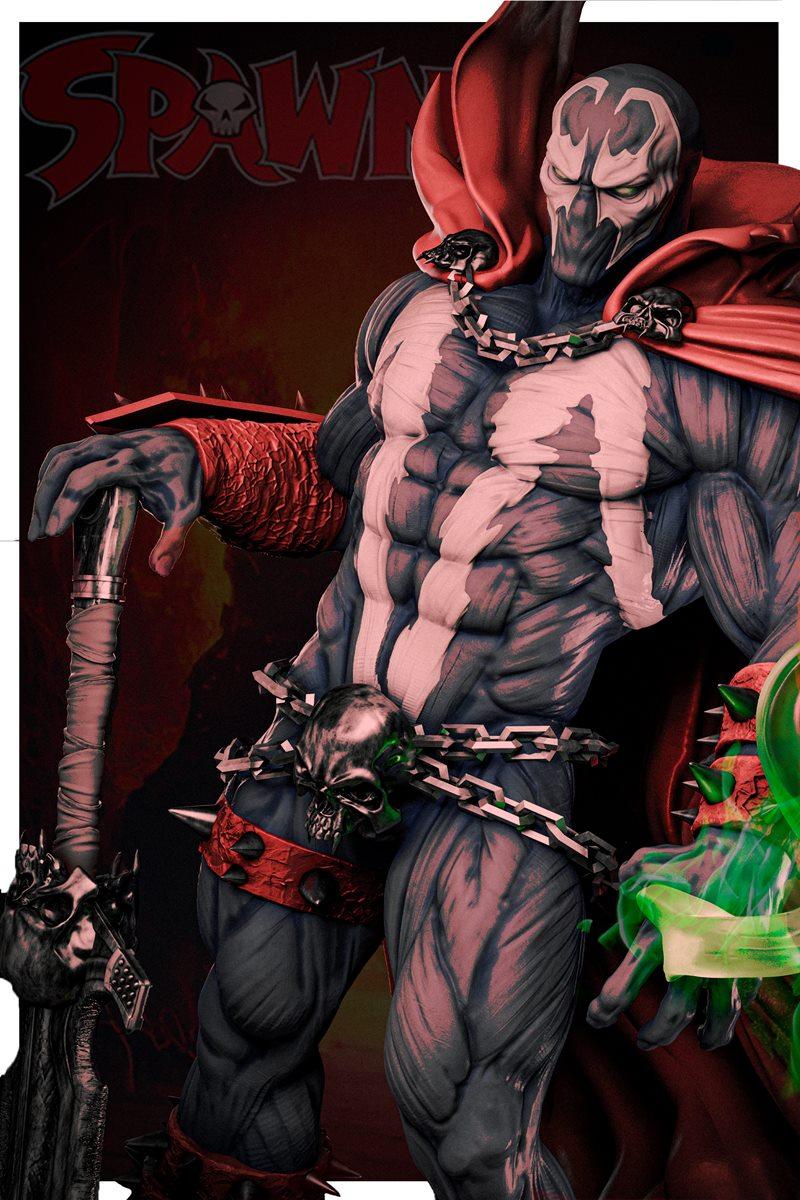 Spawn figure with muscular body, red cape, and chains with skulls, holding a large sword. Detailed 3D model by Eh Stu...