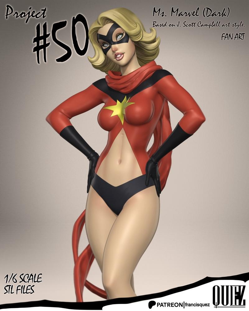1/6 scale 3D model of Ms. Marvel in a red and black costume with a yellow star, inspired by J. Scott Campbell's art s...