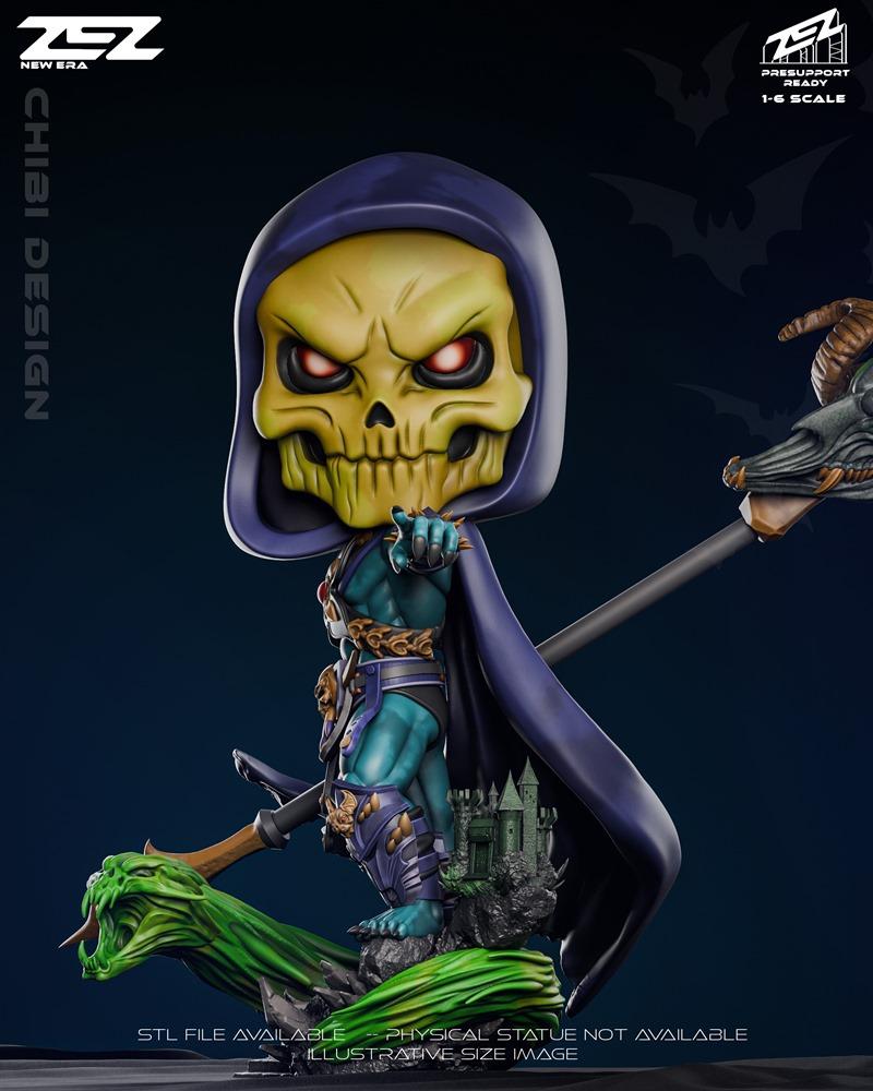 Chibi Skeletor figure from ZEZ Studio, pointing forward with a skull face, purple hood, and detailed armor, standing...