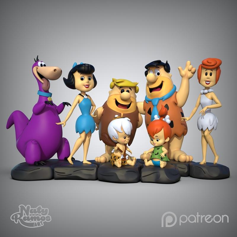 3D models of Fred, Wilma, Barney, Betty, Pebbles, Bamm-Bamm, and Dino from The Flintstones, posed together on rock ba...