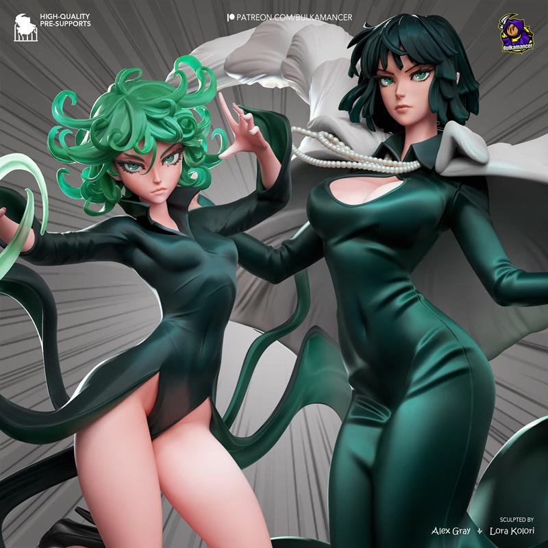 Fubuki and Tatsumaki from One Punch Man 3D print model by Bulkamancer Sculptures. Tatsumaki has green curly hair and...