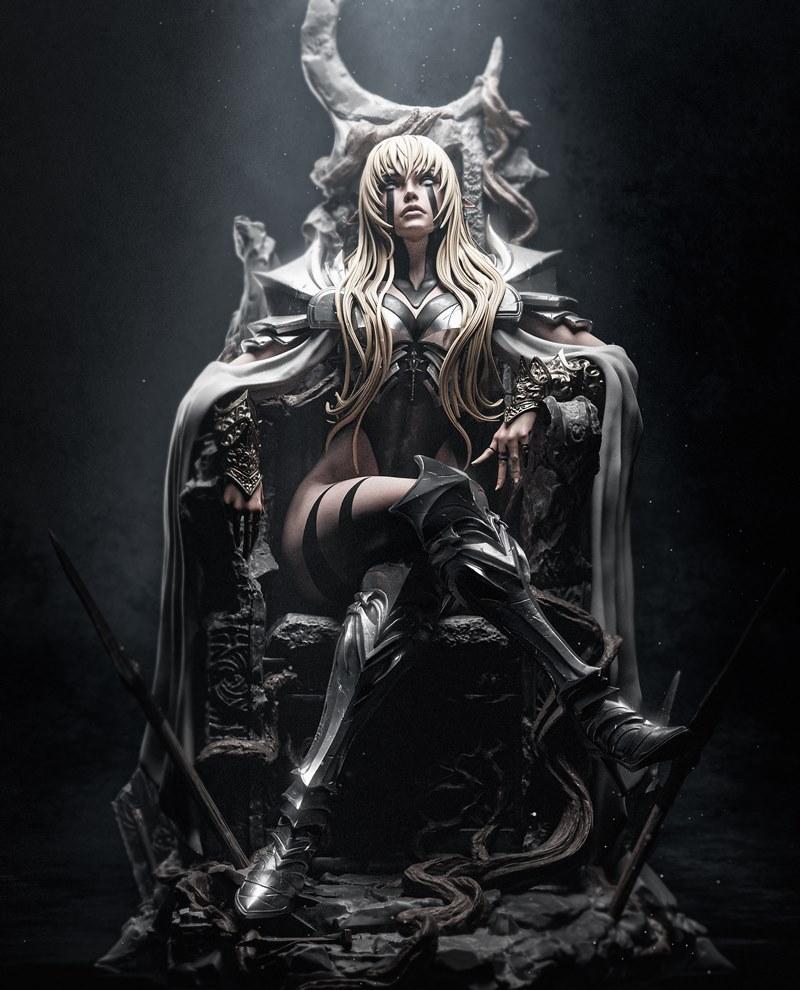 The Underworld's Grand Matriarch figure seated on a throne, wearing ornate armor and a white cape. Long blonde hair,...