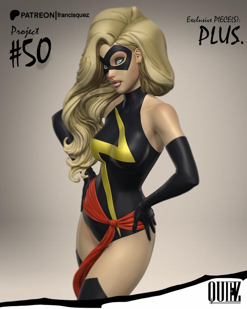Ms. Marvel figure in black and yellow costume with red sash, blonde hair, and mask, posed heroically. Studio Francis...