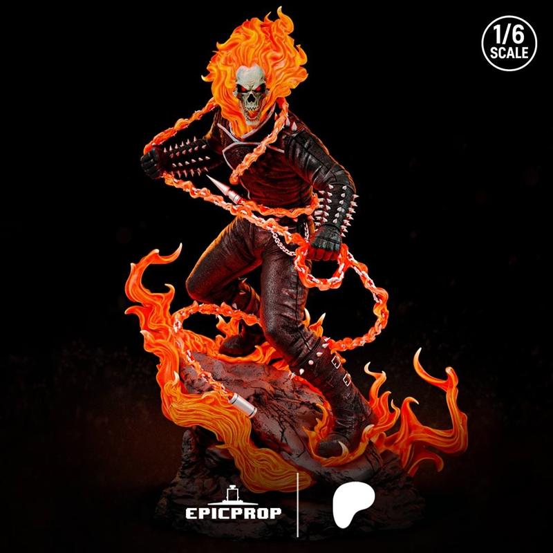 1:6 scale 3D print model of Ghost Rider, wreathed in flames, wielding burning chains, standing on a fiery base.