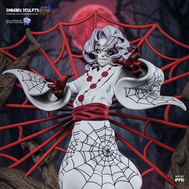 3D model of Rui from Demon Slayer, a pale figure in white and red robes with spiderweb patterns, posed amidst a large...