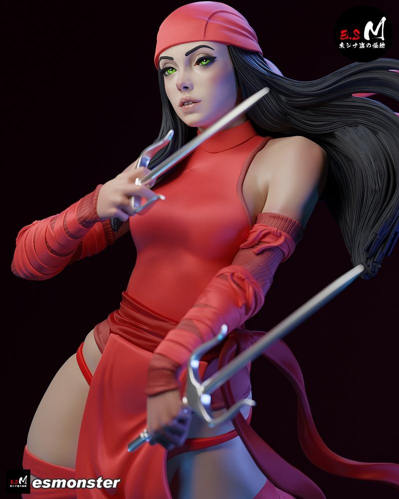 Elektra figure in red ninja outfit holding twin sais, detailed sculpt by E.S Monster.