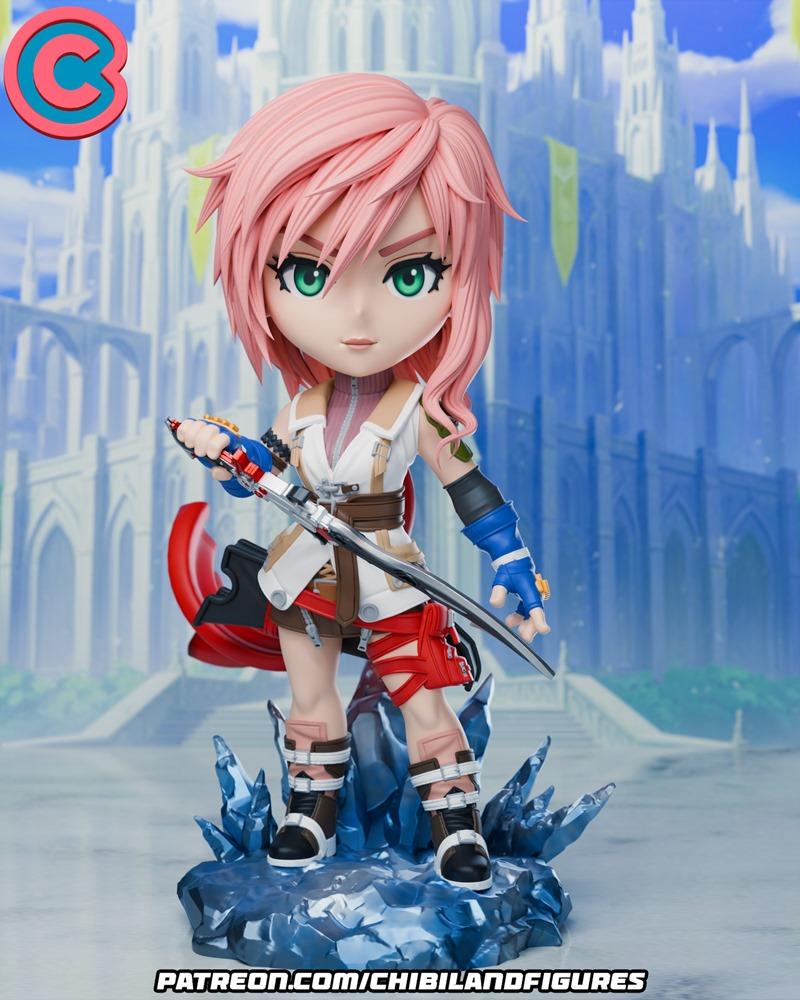 Chibi figure of Lightning from Final Fantasy, holding a sword, with pink hair and green eyes, standing on an icy base...