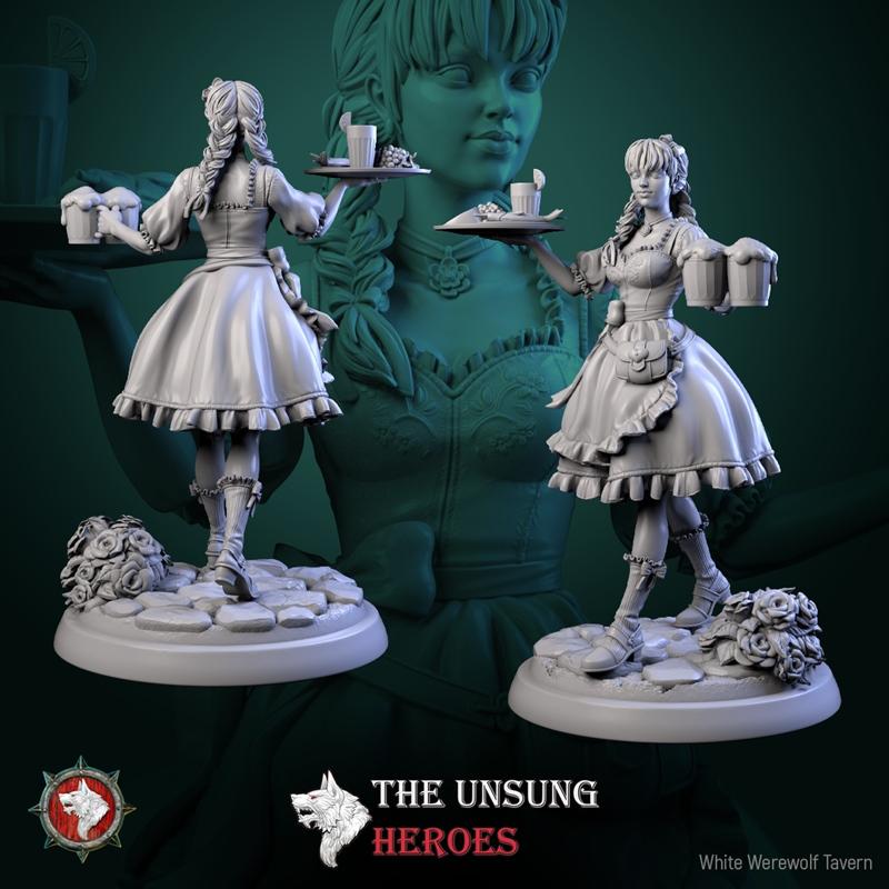 3D model of an alehouse maid in a ruffled dress holding trays of drinks and mugs of beer, standing on a cobblestone b...