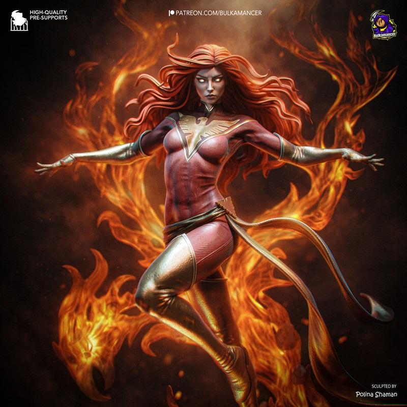 Dark Phoenix figure in a dynamic pose, engulfed in flames, wearing a red and gold costume with a golden phoenix emble...